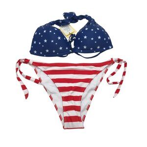 SSLR Bikini Set Halter Side Tie Novelty USA Flag Molded Cups Padded Red Blue XL